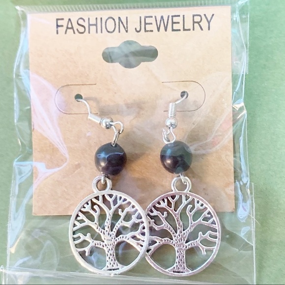 Brand New! Silver Tree of Life Semiprecious Black Onyx Stone Earrings. - Picture 1 of 2